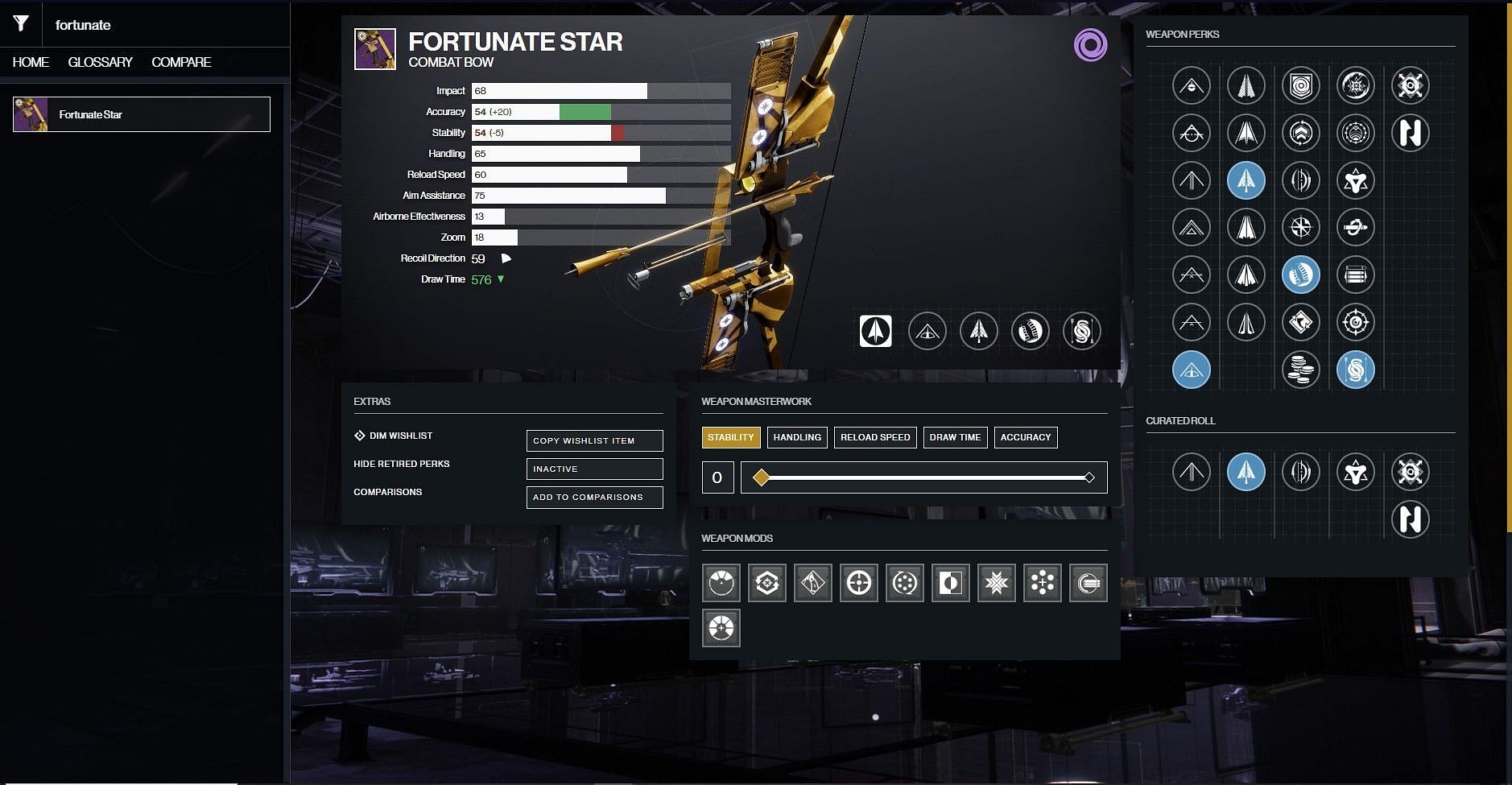 Fortunate Star PvP god roll (Image via D2Gunsmith/Bungie)