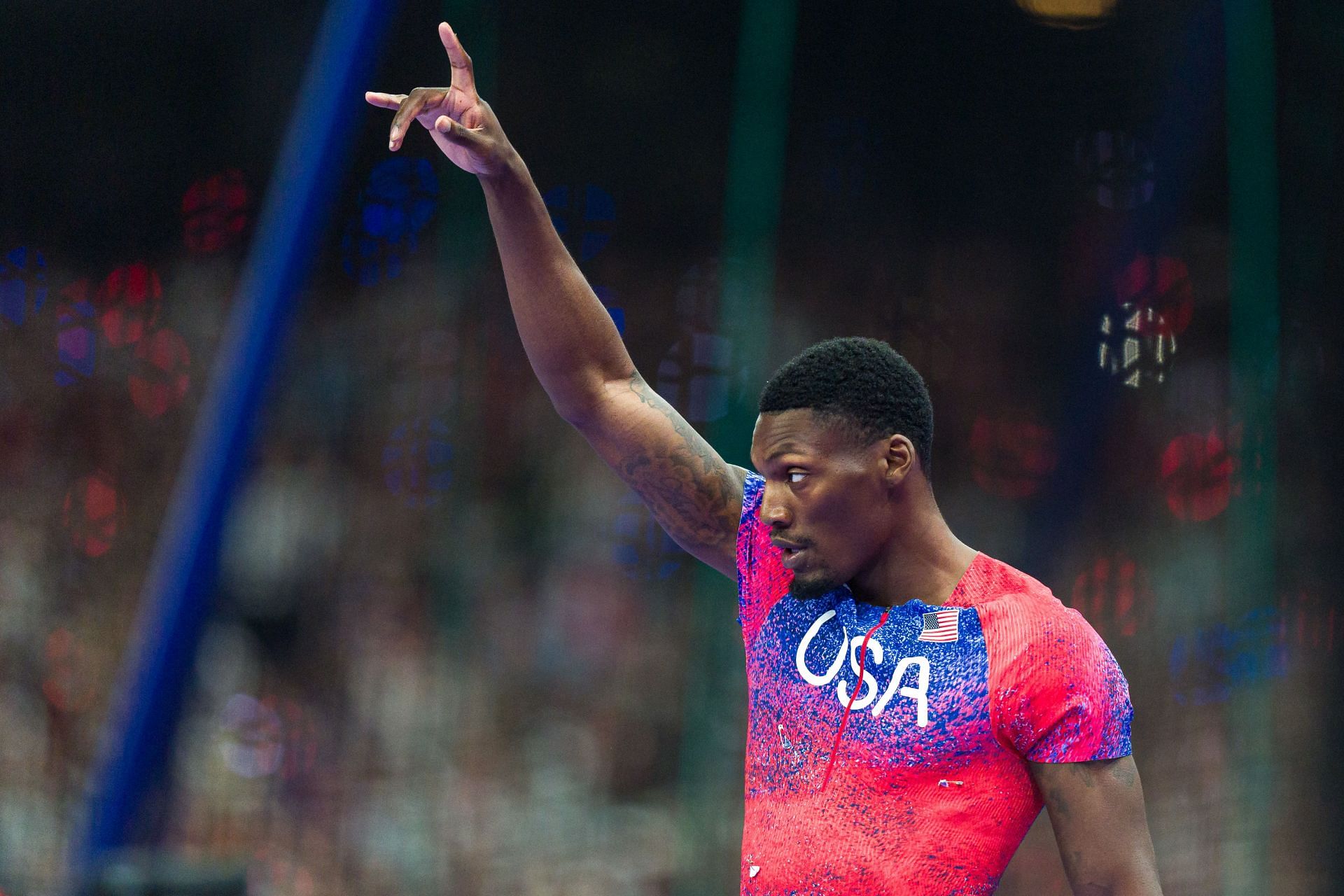 Fred Kerley celebrates winning the bronze medal in the Men&#039;s 100m Final at the Olympic Games 2024 in Paris, France. (Photo by Getty Images)