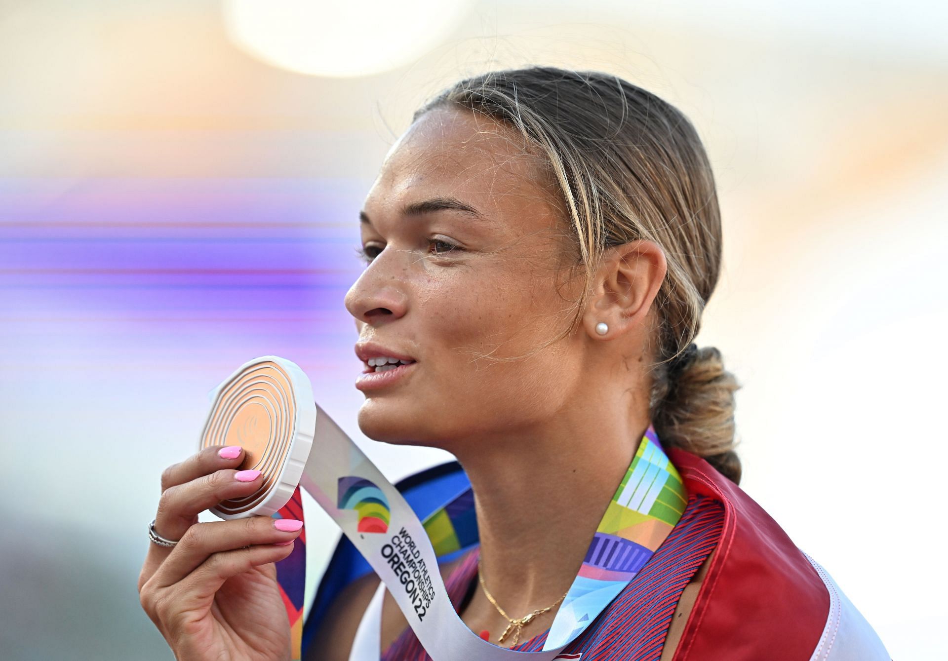 Anna Hall of USA with her bronze medal in heptathlon at the 2022 World Athletics Championships [Image Source: Getty]