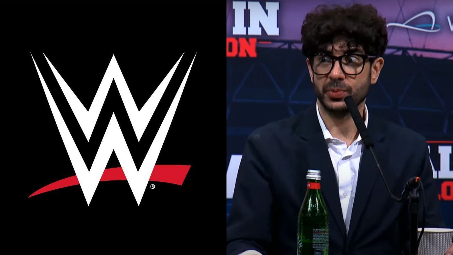 WWE logo (left) and AEW president Tony Khan (right). (Image credits: WWE Facebook page &amp; AEW YouTube channel)