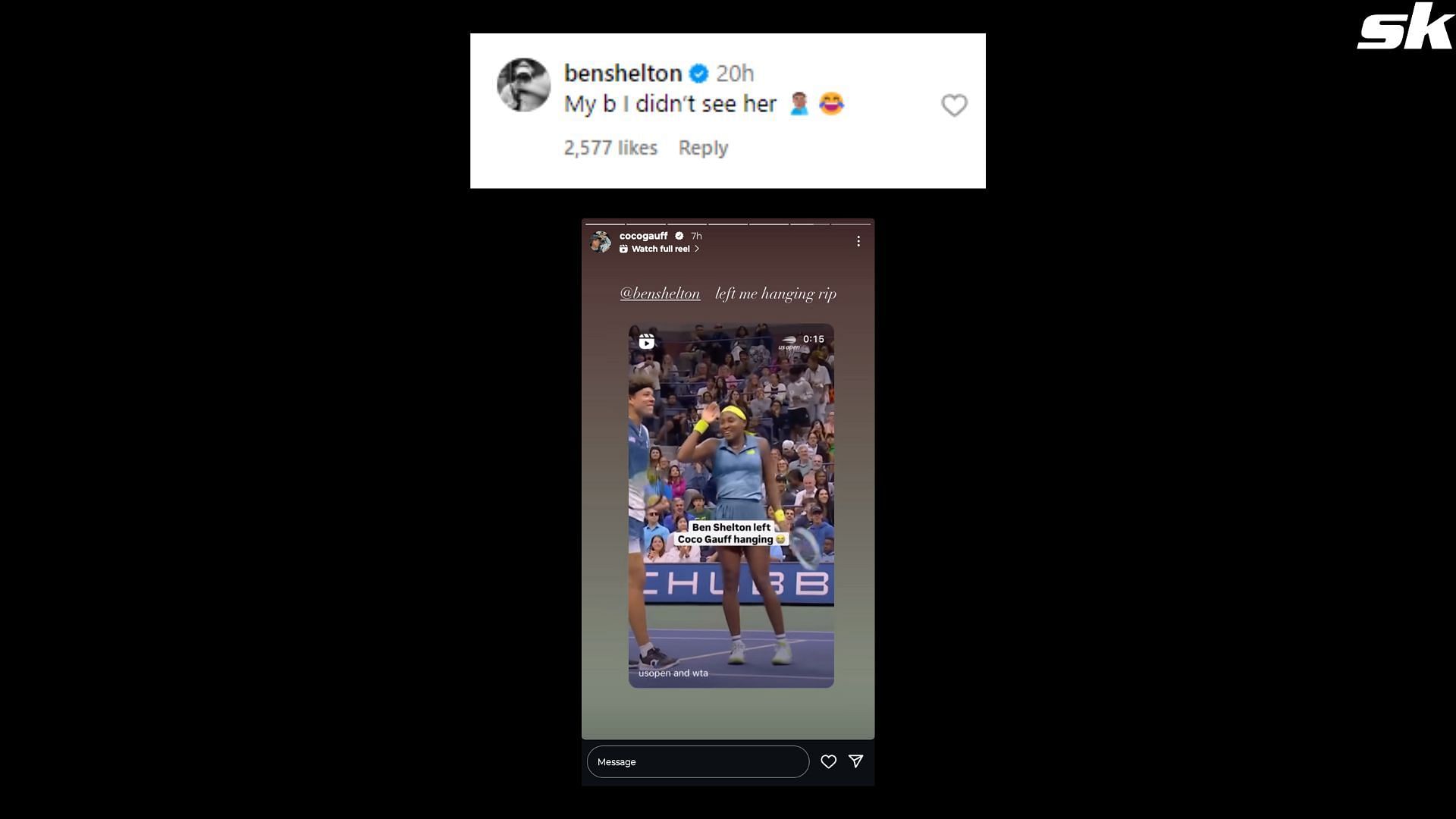 Ben Shelton and Coco Gauff hilariously banter over their high-five gaffe at the "Mixed Madness" doubles event (Pictures: @usopen & @cocogauff Instagram)