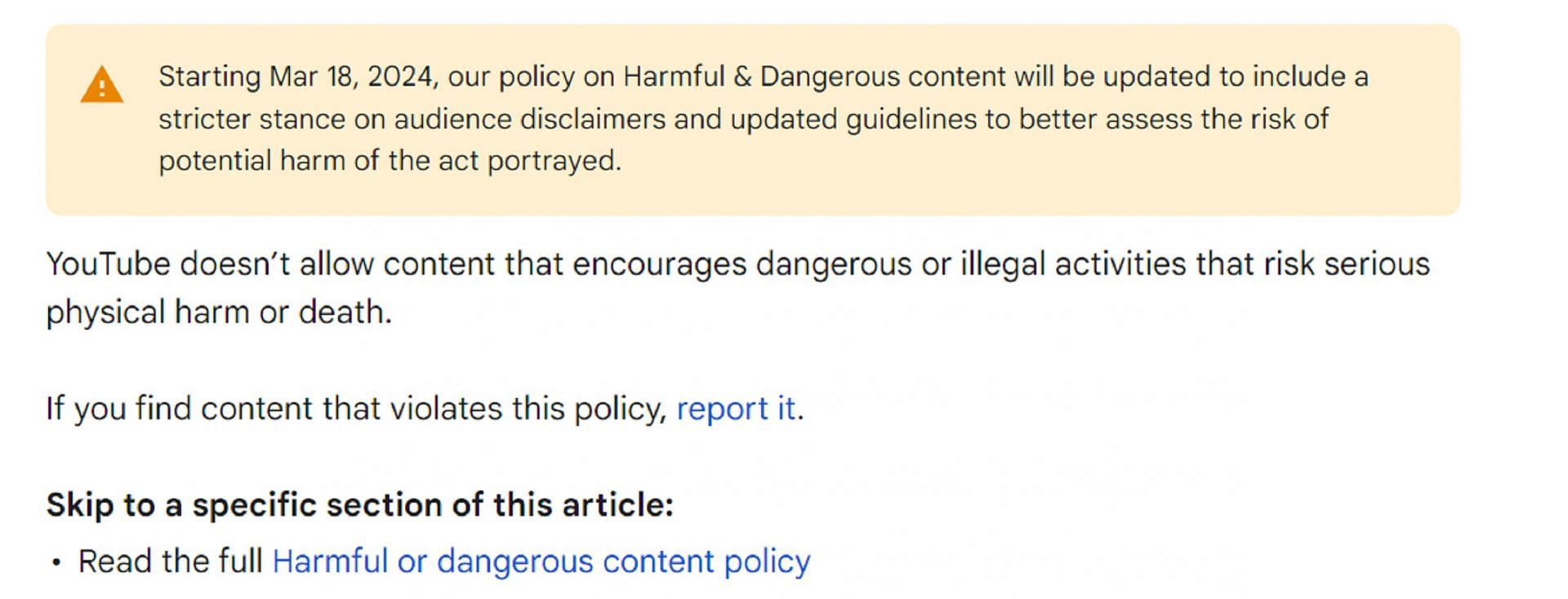 YouTube&#039;s guidelines for &#039;dangerous stunts&#039; (Image via Google Support)