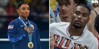 “Why he holding it like he won it”;“Giving military wife vibes” - Fans react as Simone Biles' husband Jonathan Owens wears her Olympic gold medal
