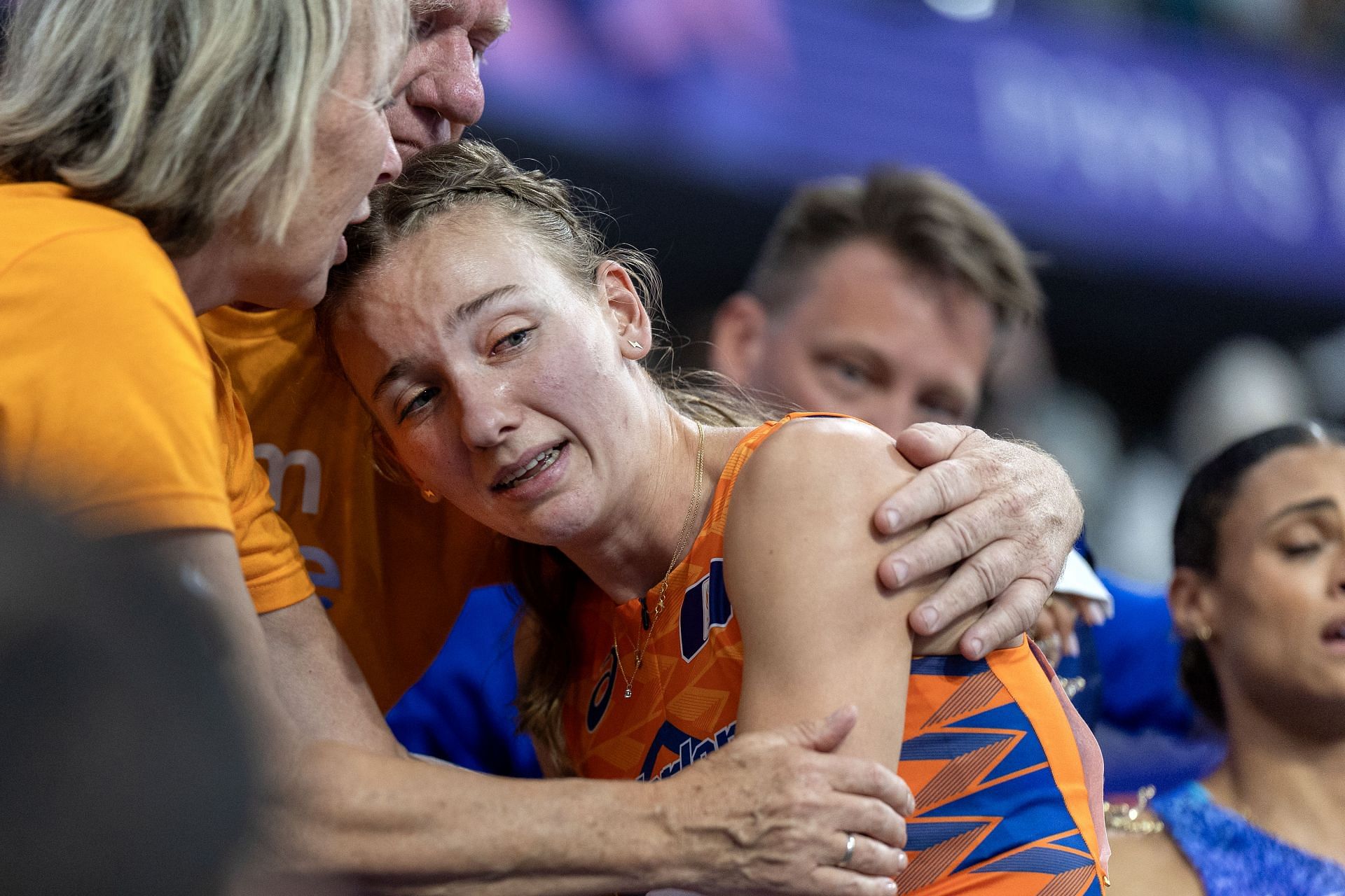 Femke Bol after finishing the women&#039;s 400m hurdles final during the 2024 Olympic Games in Paris, France. (Photo via Getty Images)