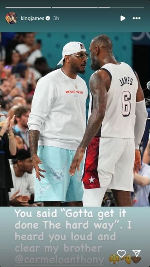 LeBron James' message to Carmelo Anthony. (Photo: Screengrabed from LeBron's IG story)