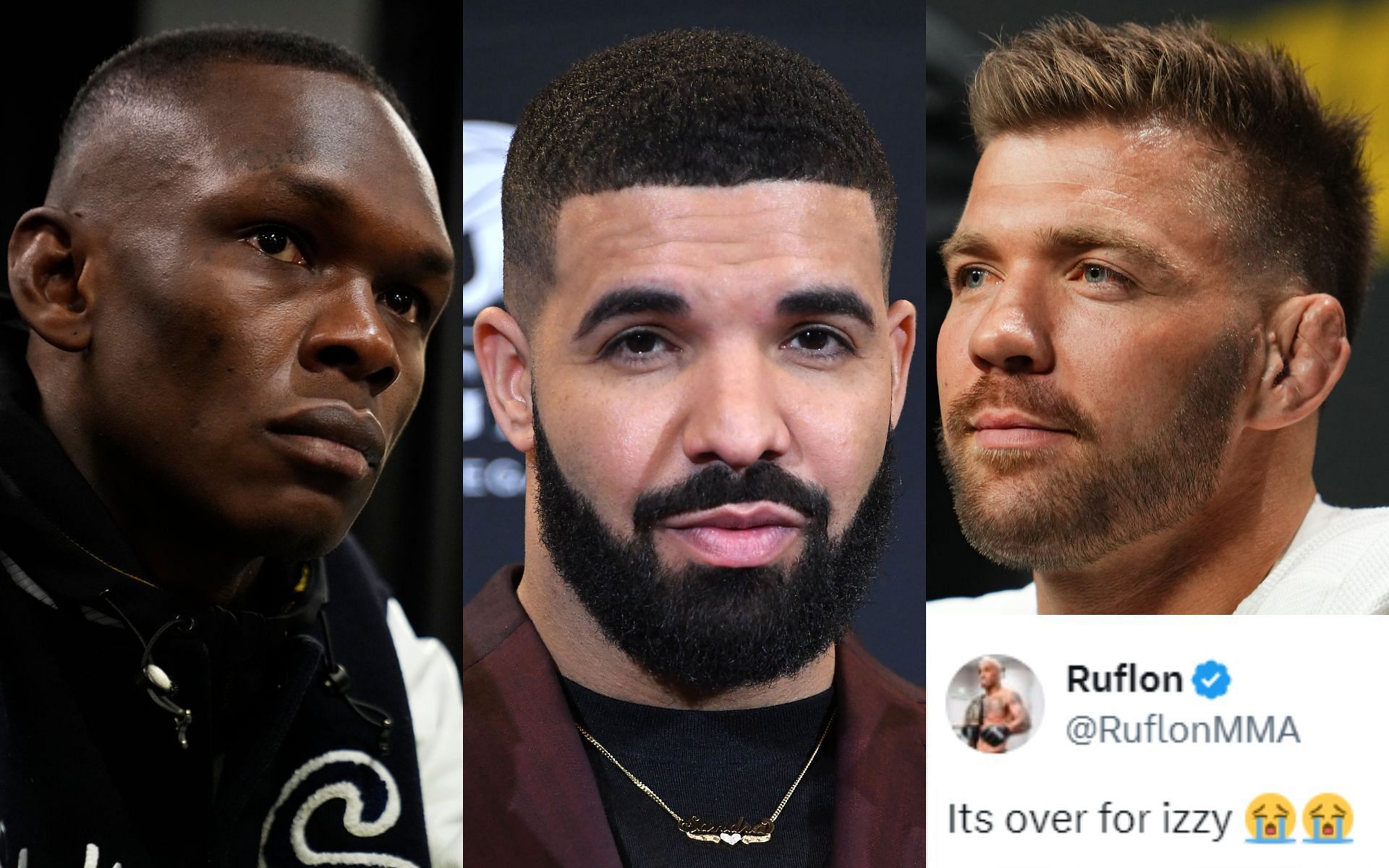 Drake (middle) is backing Israel Adesanya (left) to beat Dricus du Plessis (right) at UFC 305 [Images courtesy: Getty Images and @RuflonMMA on X]