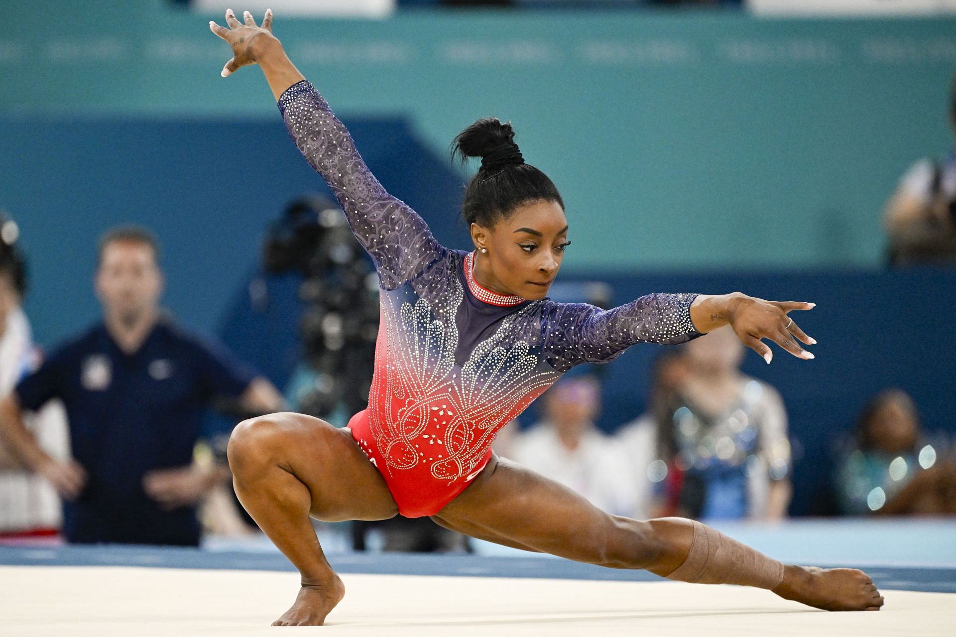 Simone Biles competing during the Floor Exercise finals at the Paris Olympics 2024 [Image Source: Getty]