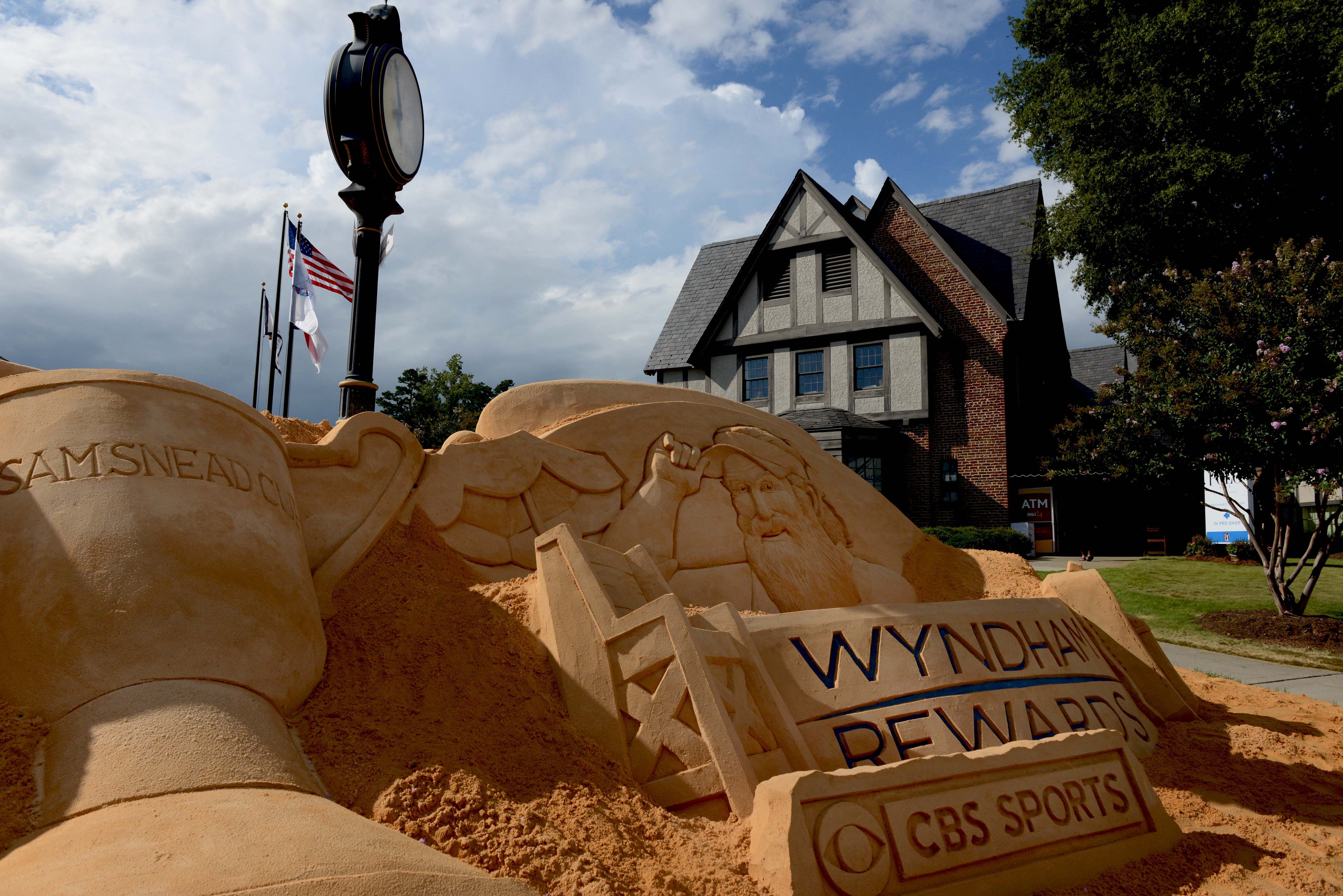 A general view of the clubhouse and sand sculpture at the Sedgefield Country Club, which is hosting the 2204 Wyndham Championship (Image via IMAGN)