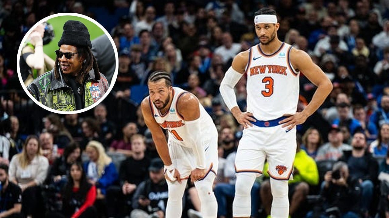 Knicks stars Jalen Brunson and Josh Hart pose with Jay-Z and New York legends (Image credits: Imagn)