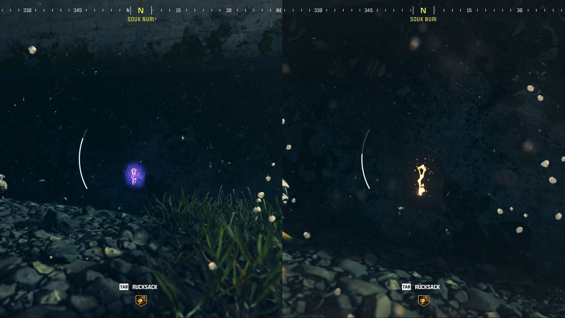 Runestones underwater are initially purple; if meleed, they turn yellow (Image via Activision)