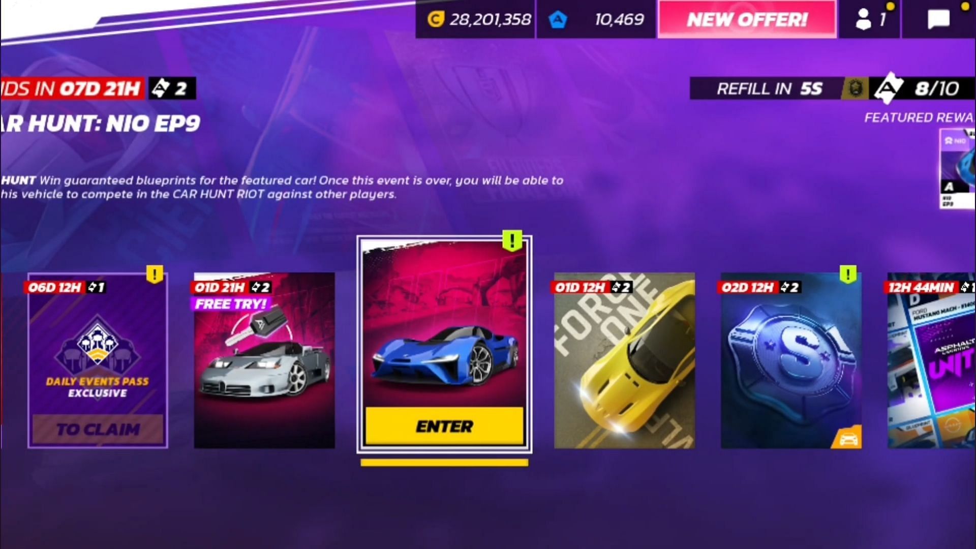 Go to daily events and find the Car Hunt event (Image via Gameloft)