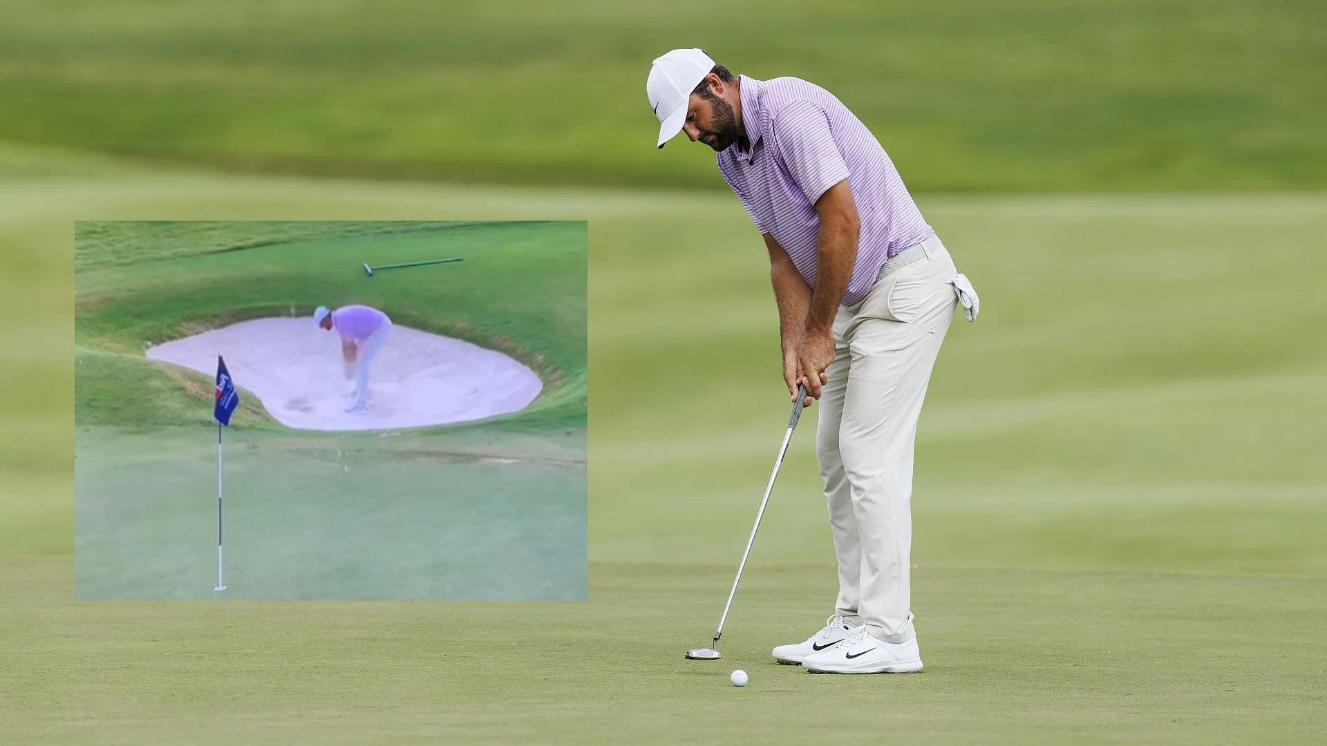 Scottie Scheffler slams his golf club in the bunker at the FedEx St. Jude Championship (Images via Getty and @AndyRobertsGolf/X)