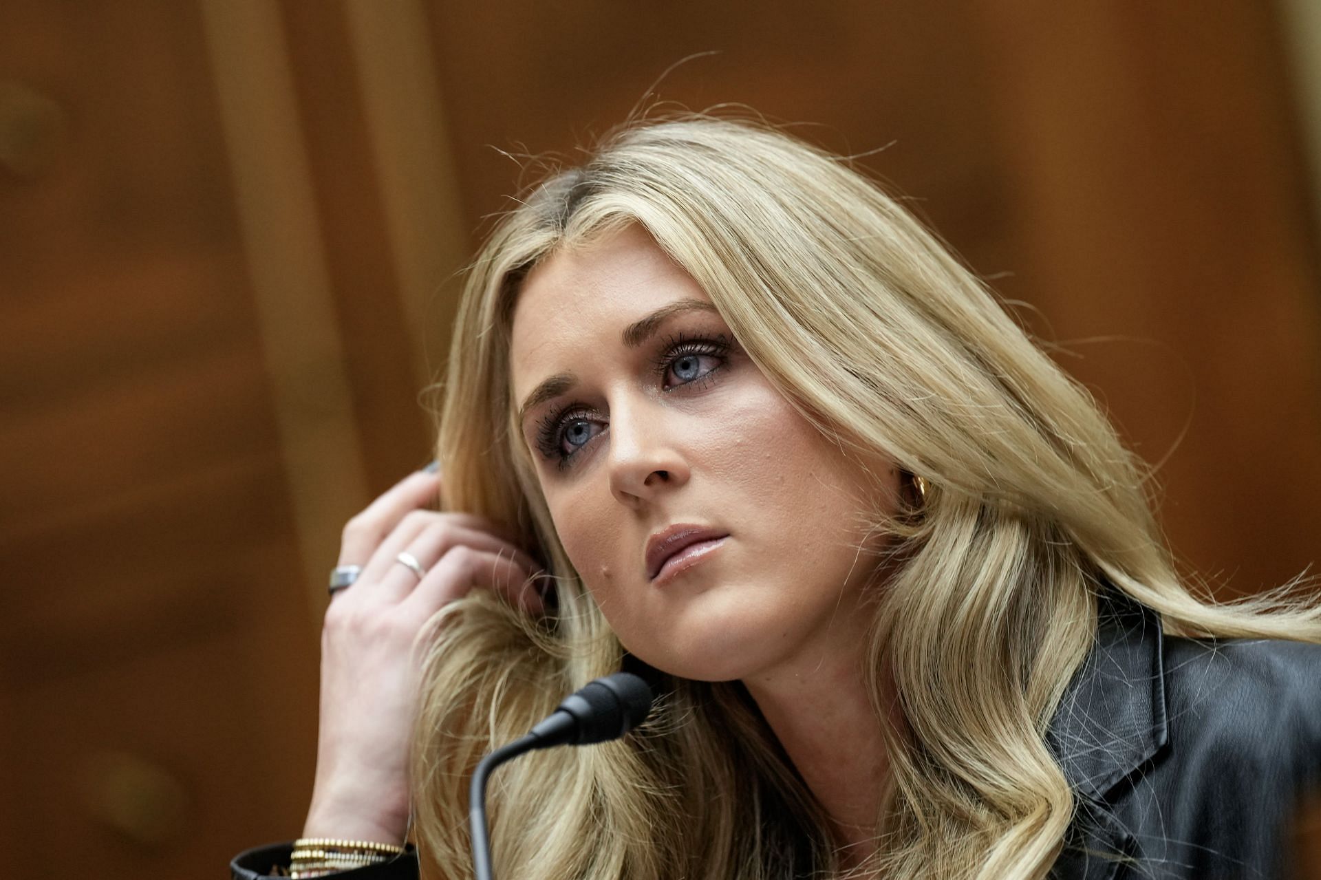 Riley Gaines testifies during a House Oversight Subcommittee on Health Care and Financial Services hearing on Capitol Hill December 5, 2023 in Washington, DC. (Photo by Drew Angerer/Getty Images)