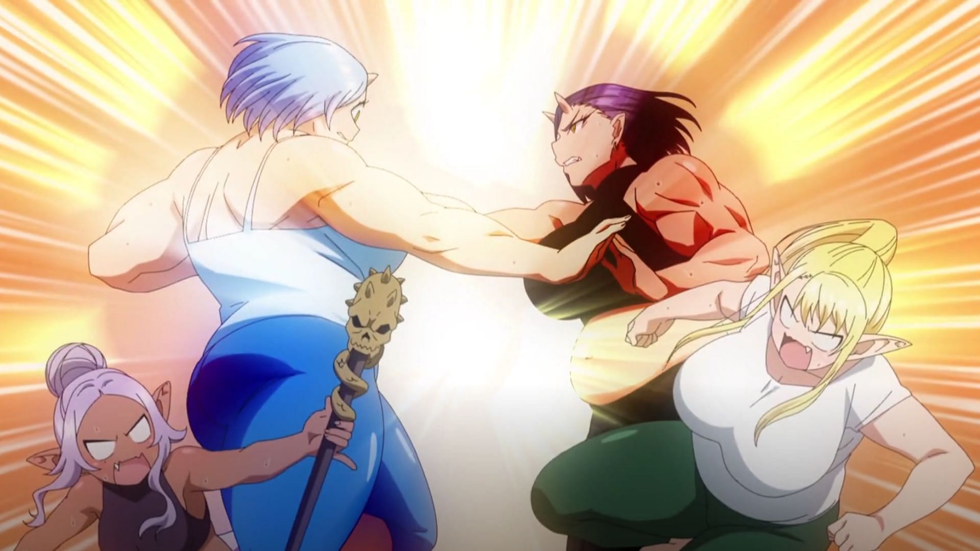 Hitome vs. Oga and Kuroeda vs. Elfuda as seen in Plus-Sized Elf episode 8 (Image via Elias)