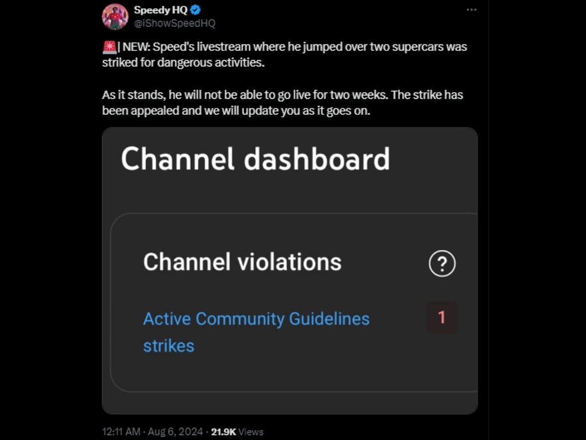 Speed&#039;s channel will not be able to go live for the next two weeks (Image via X)