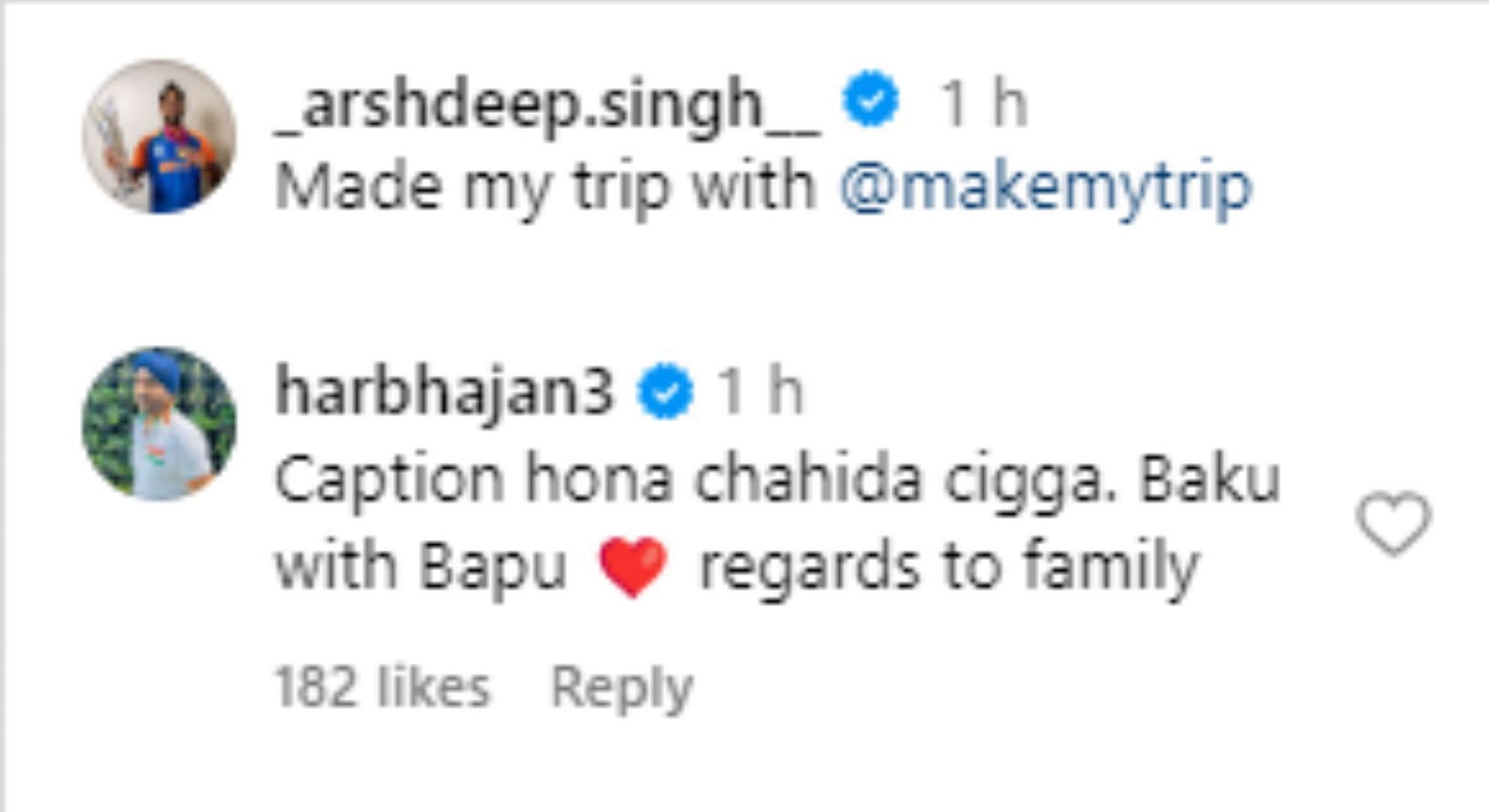 Harbhajan Singh's reaction to Arshdeep Singh's latest Instagram post. [Pic credits: @_arshdeep.singh__ on Instagram]