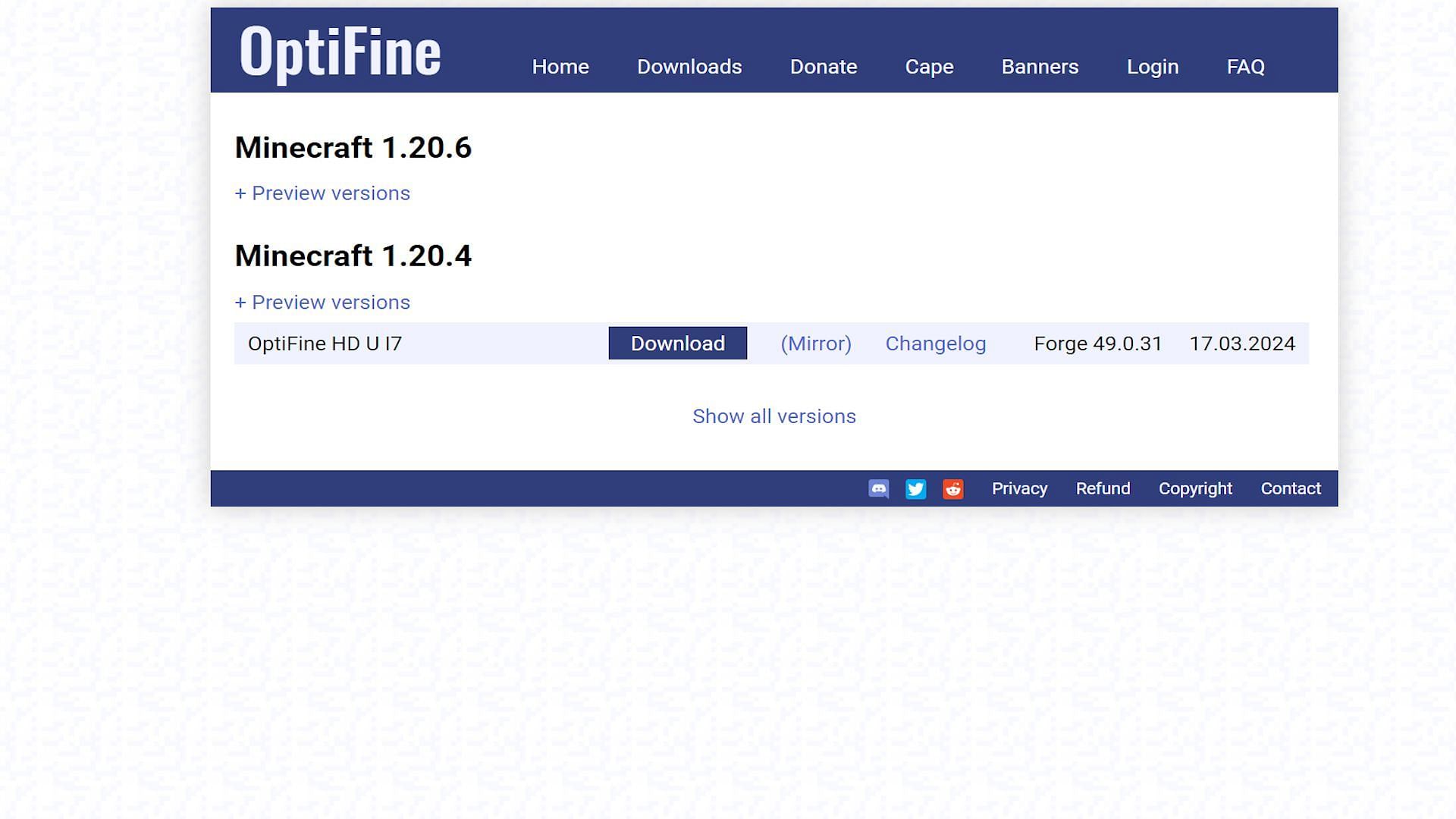 The latest versions of Optifine available for download (Image via Optifine)