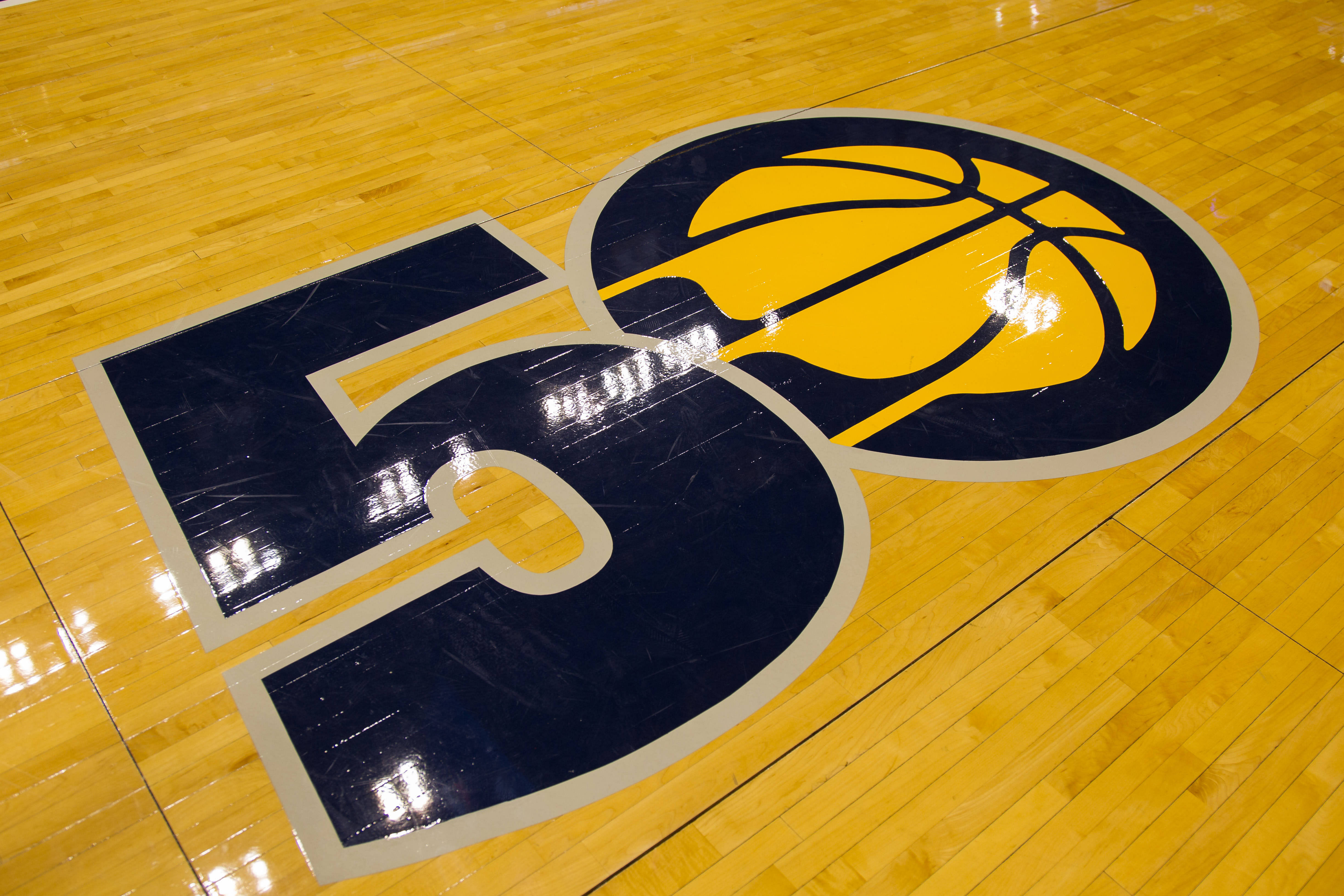 A general view of the 50-year logo on the court prior to the game between the Indiana Pacers and the Phoenix Suns at Bankers Life Fieldhouse. Photo Credit: Imagn