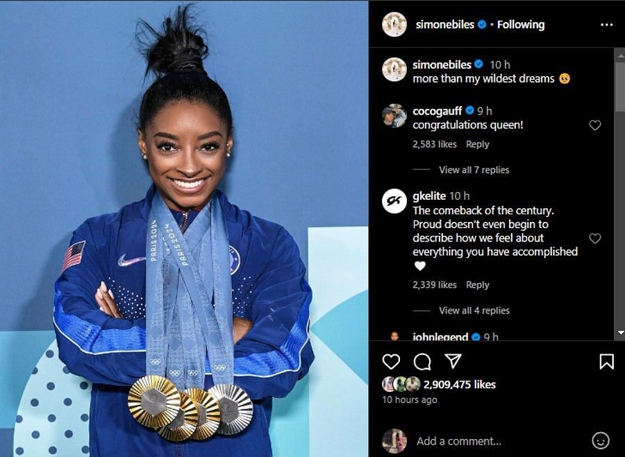 Screenshot of Simone Biles&#039; Instagram post.