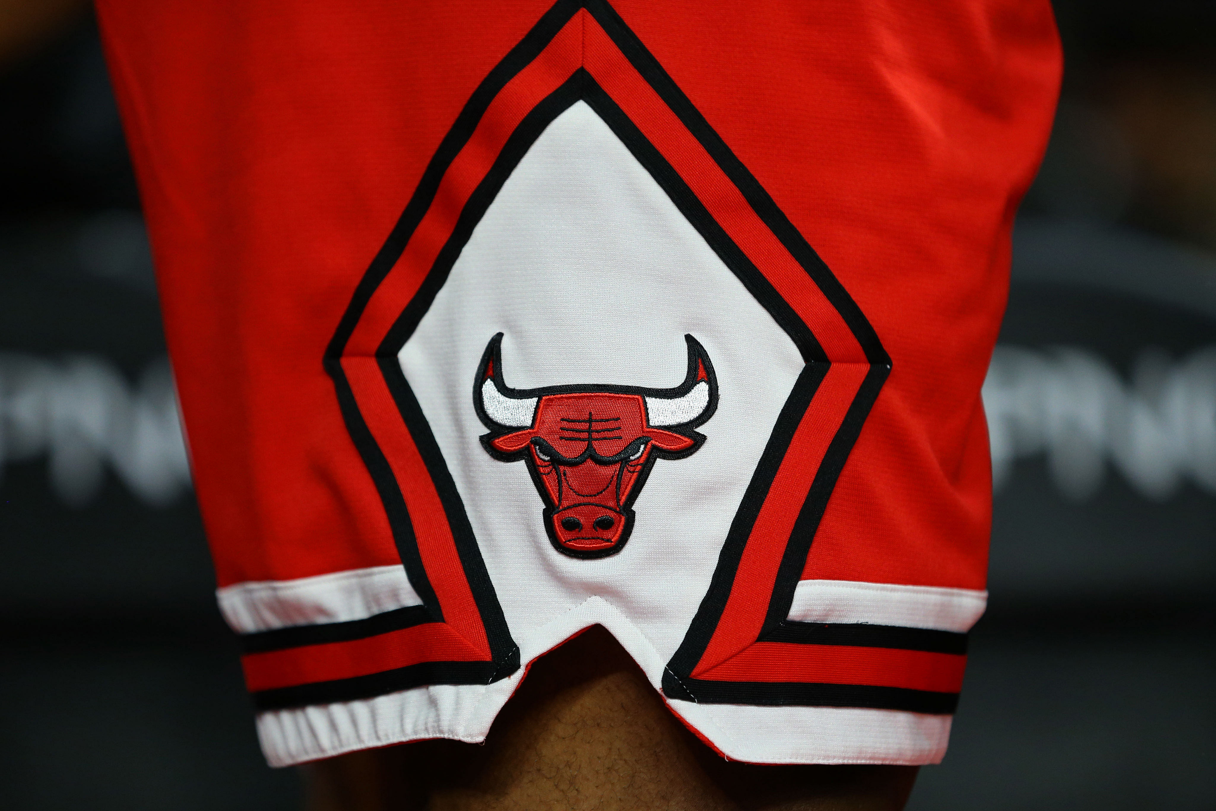 A view of the Chicago Bulls logo on a pair of game shorts at The Palace of Auburn Hills. Photo Credit: Imagn