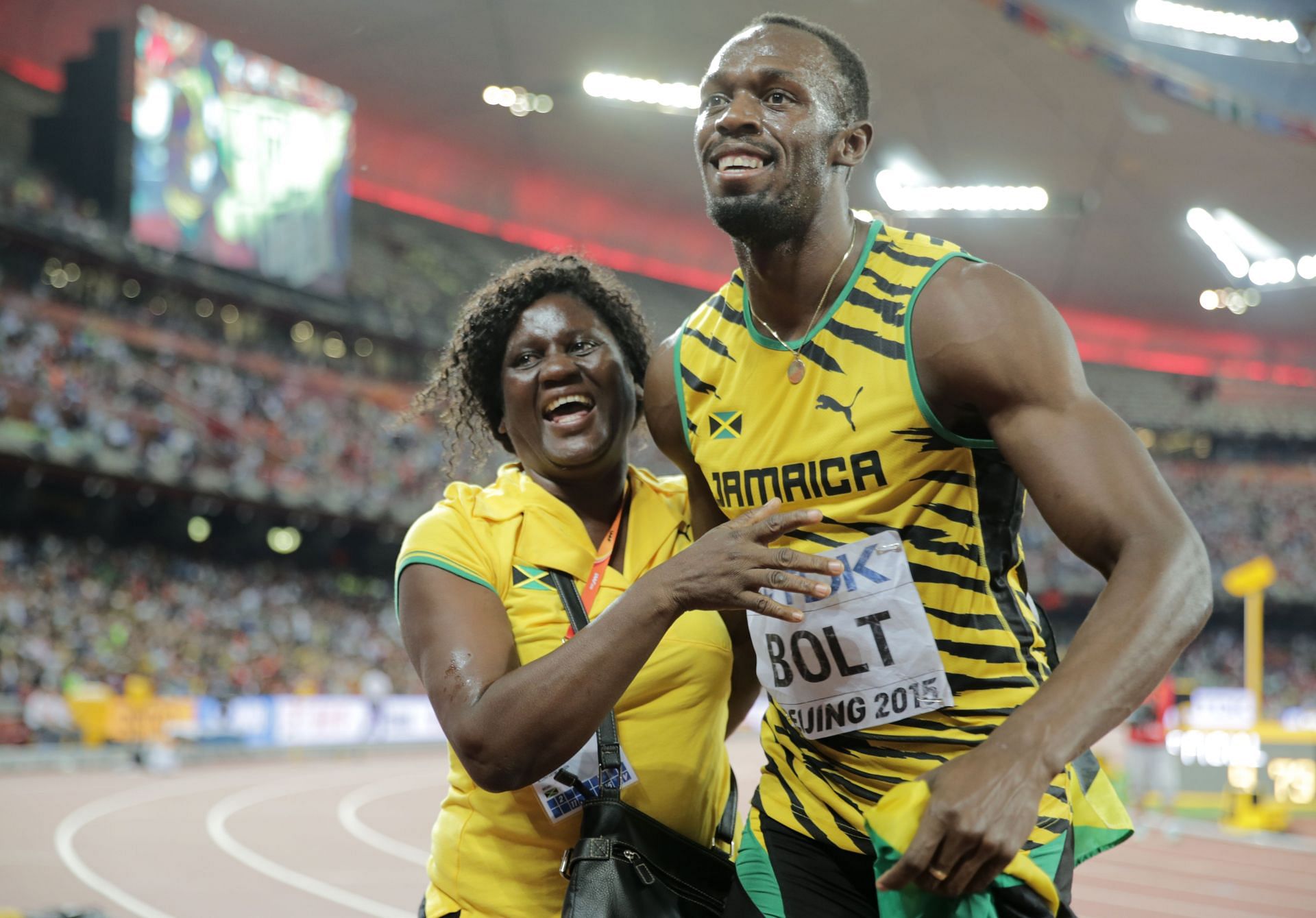 Usain Bolt with his mother Jennifer Bolt at the World Championships 2015 (Photo by Michael Kappeler/picture alliance via Getty Images)