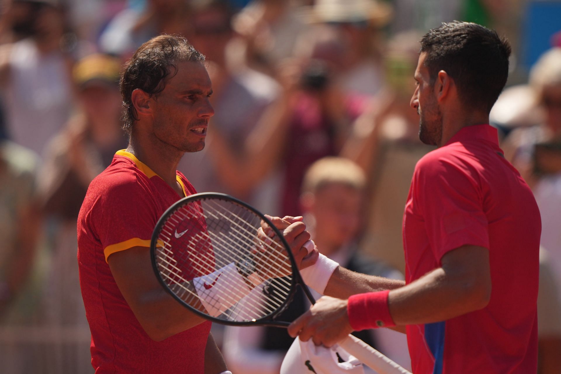 Rafael Nadal (L) and Novak Djokovic pictured at the 2024 Paris Olympics (Source: Getty)