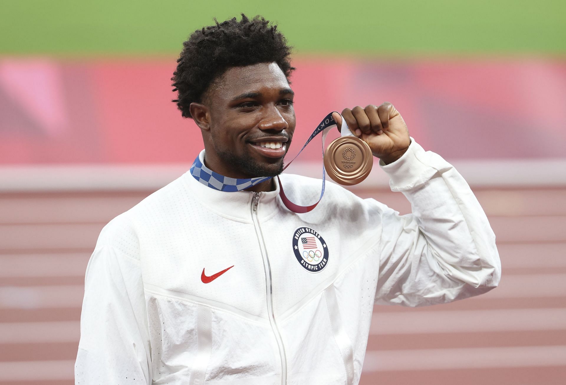 Noah Lyles of USA during the medal ceremony of the Men&#039;s 200m Final at the 2020 Olympic Games in Tokyo, Japan. (Photo by Getty Images)