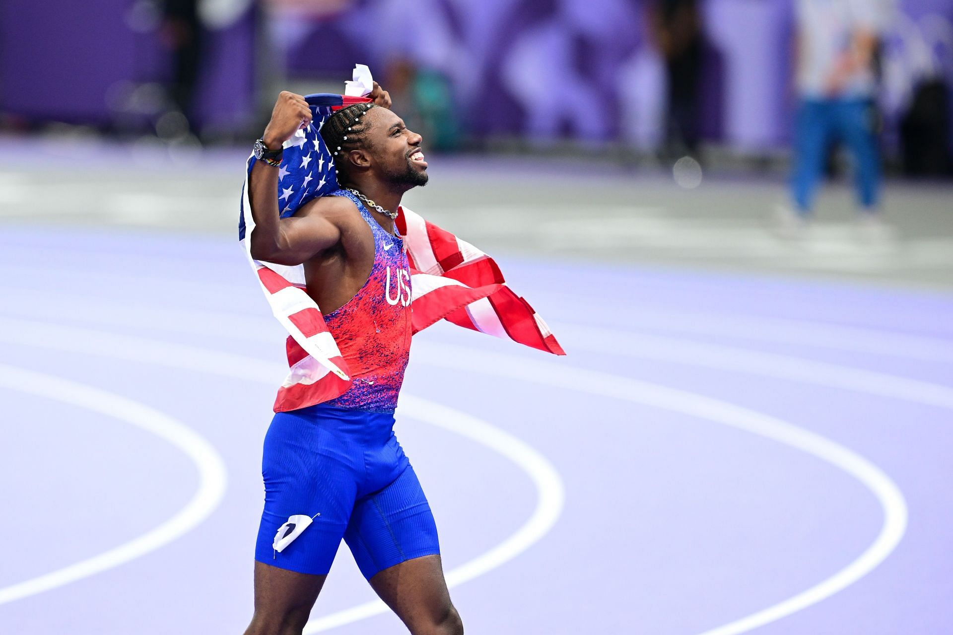 Noah Lyles of the USA after winning the men&#039;s 100m at the 2024 Paris Olympics - Getty Images