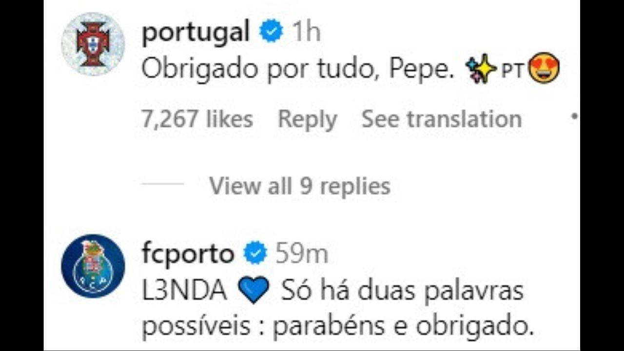 FC Porto and the Portugal National Team's comment (image via Instagram/official_pepe)