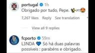 FC Porto and the Portugal National Team's comment (image via Instagram/official_pepe)