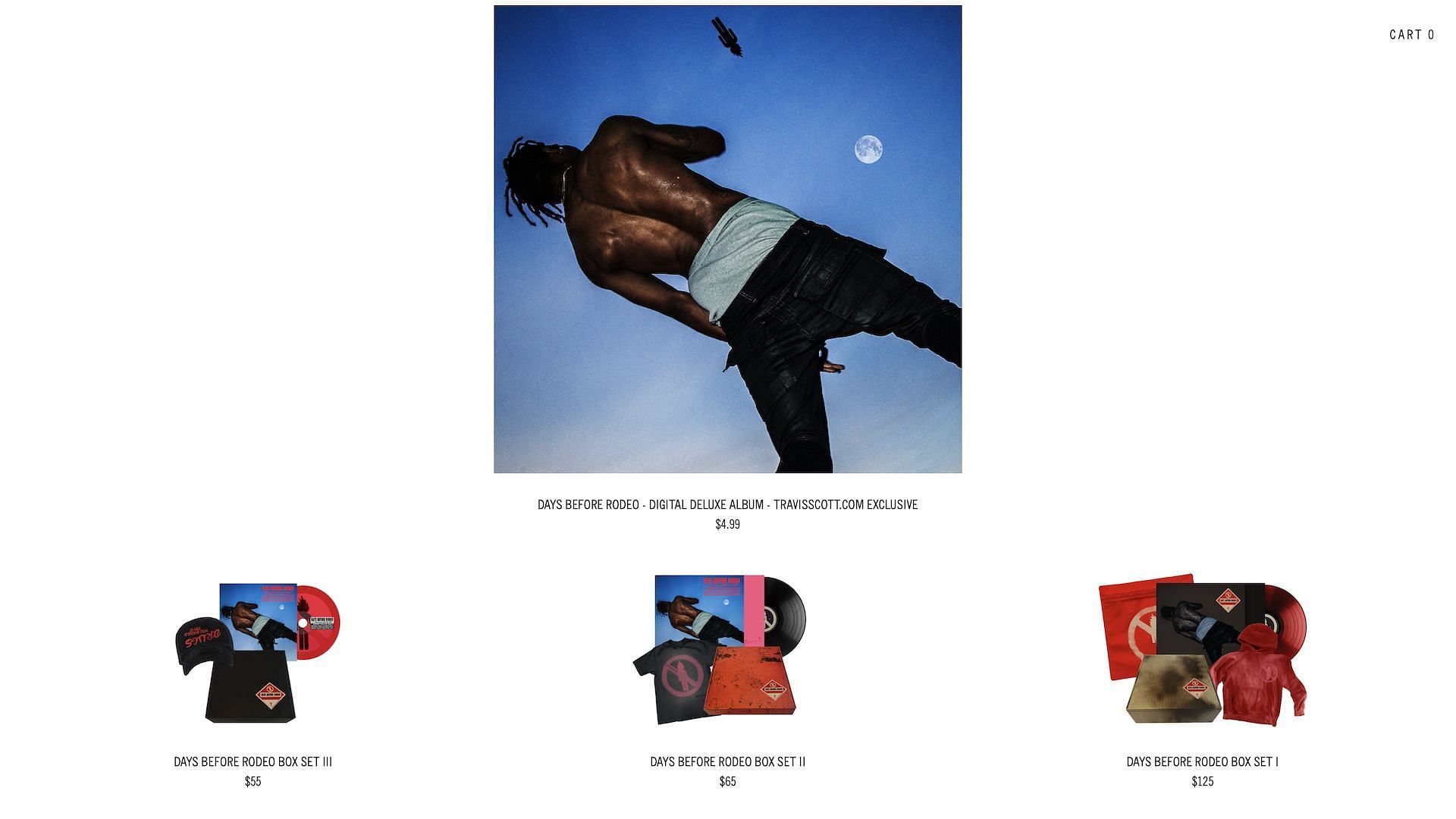 A screenshot of the associated merchandise for &#039;Days Before Rodeo - Extened Edition&#039; currently listed for purchase on Travis Scott&#039;s official website (Image via shop.travisscott.com)