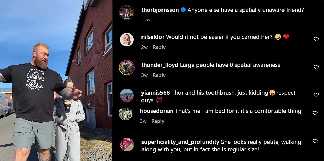 Thor Bjornsson walking with his wife, receives hilarious comments via @thorbjornsson on Instagram