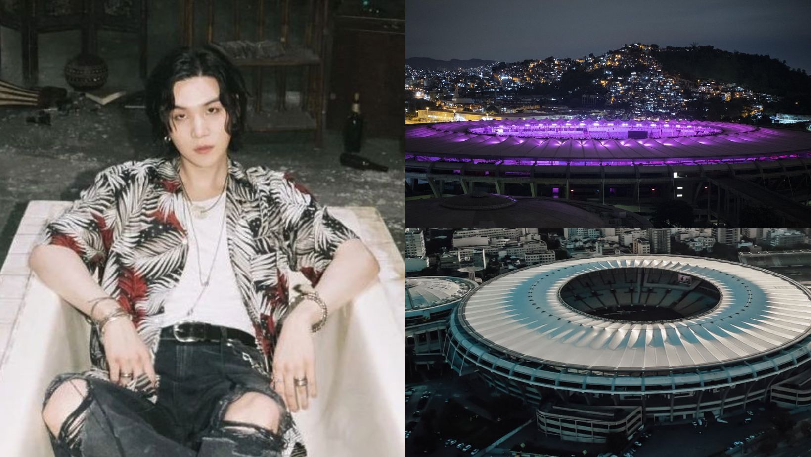 Brazil&rsquo;s Maracana stadium turning purple in support of BTS&rsquo; Suga amidst ongoing DUI case. (Images via X/@maracana and Instagram/@agustd)