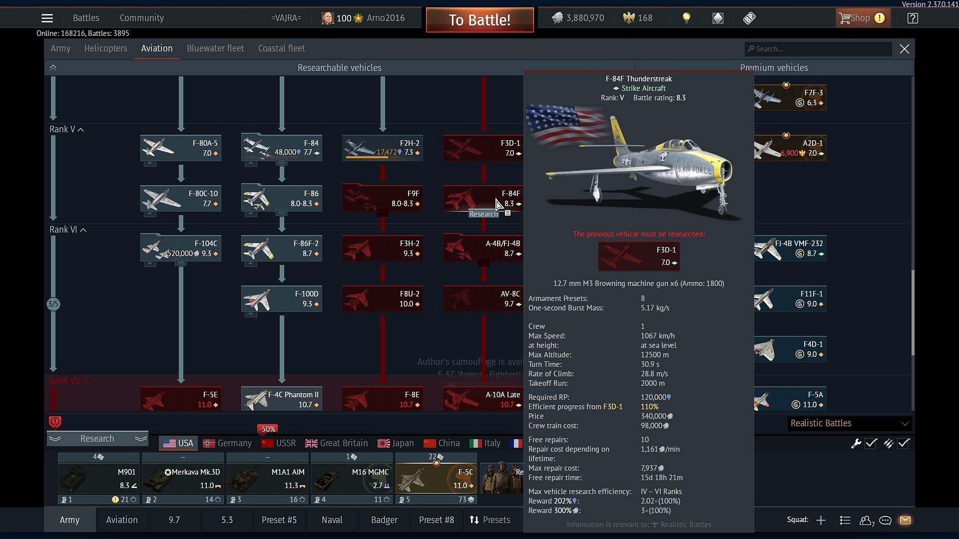 The F-84F is a regular tech tree vehicle (Image via Gaijin Entertainment)