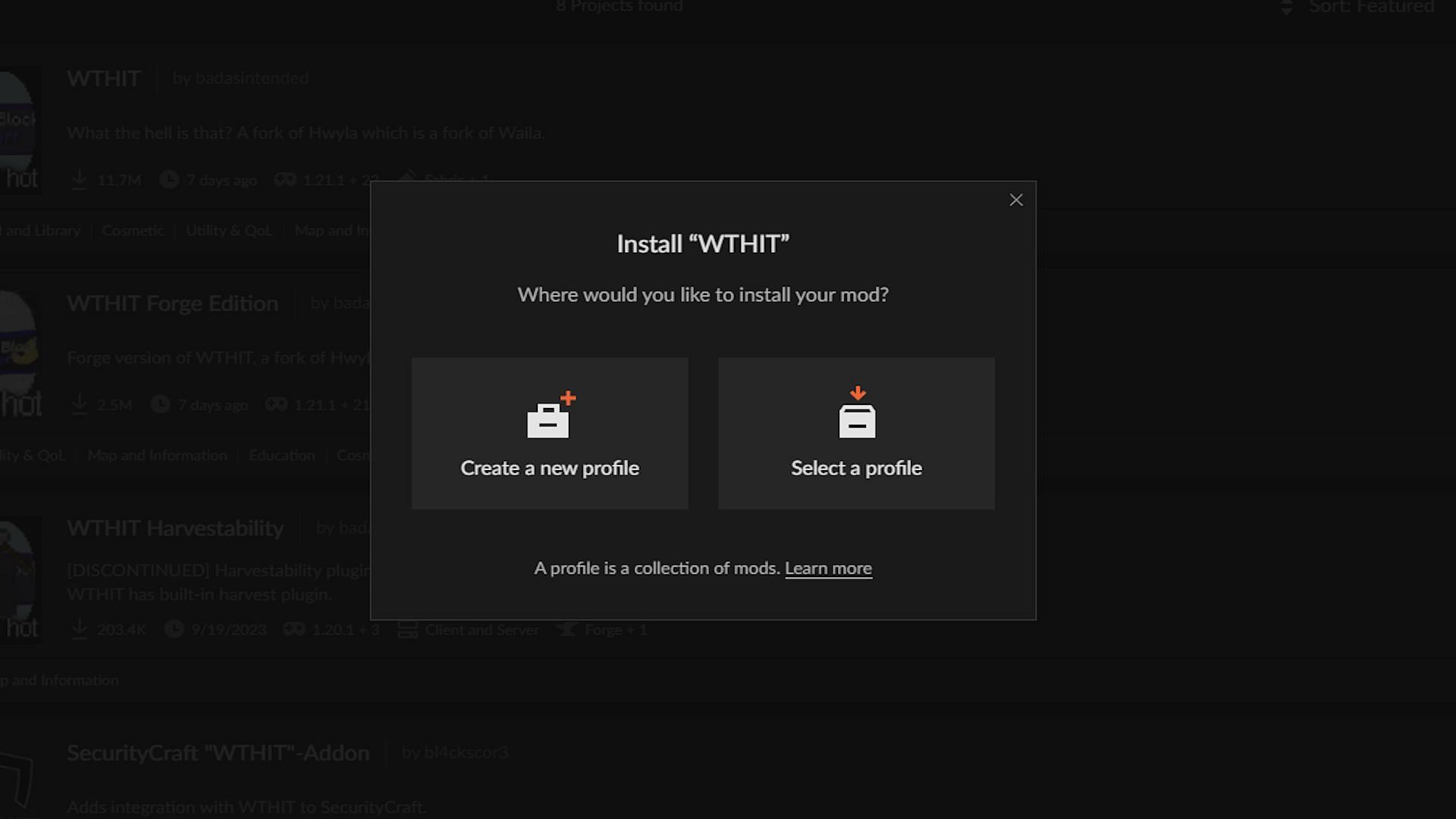 The install prompt for the WTHIT mod (Image via CurseForge)