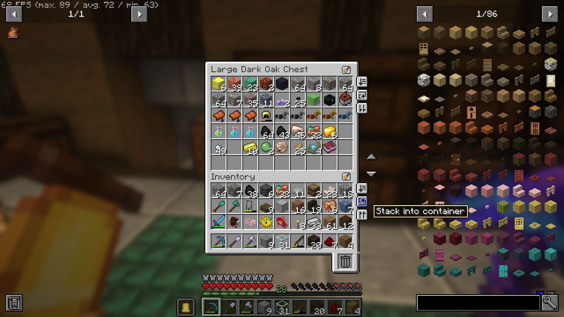 A button to sort into containers would be very useful (Image via Mojang)