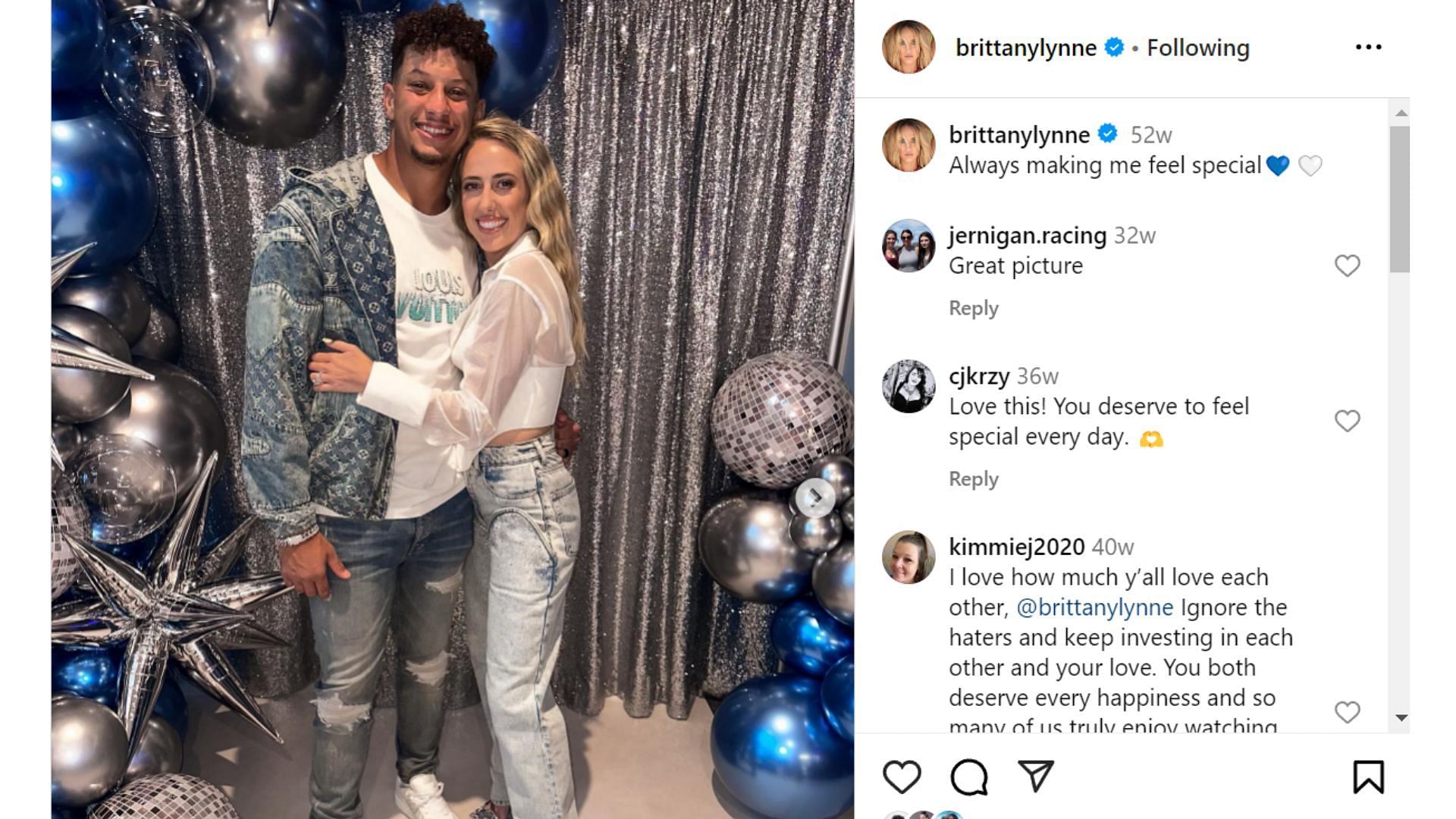 Patrick and Brittany Mahomes at the latter's 28th birthday party [image credit: @brittanylynne IG]