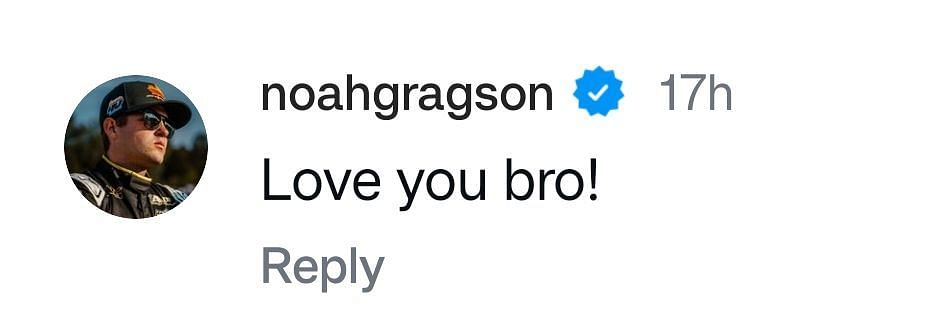 Noah Gragson&#039;s comment on Zane Smith&#039;s post. Credt: Zane Smith&#039;s Instagram