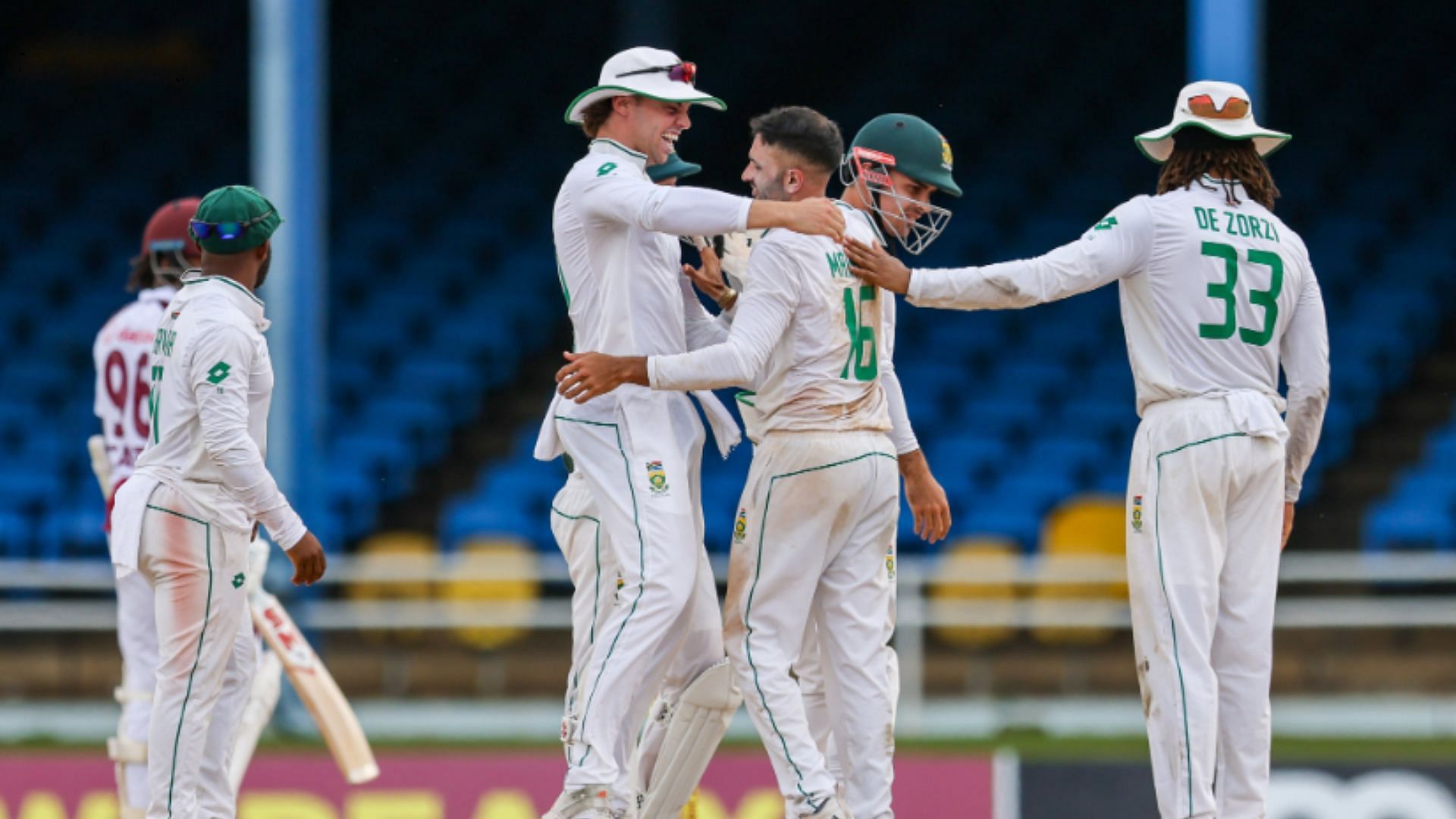 South Africa players celebrate picking a wicket during the opening Test against West Indies. Source: Proteas Men Twitter 