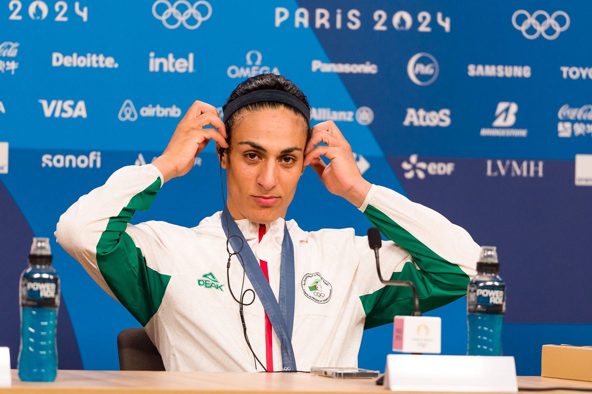 Imane Khelif speaks following the Boxing Women&#039;s 66kg medal ceremony at the Olympic Games 2024 in Paris, France (Photo by Getty Images)