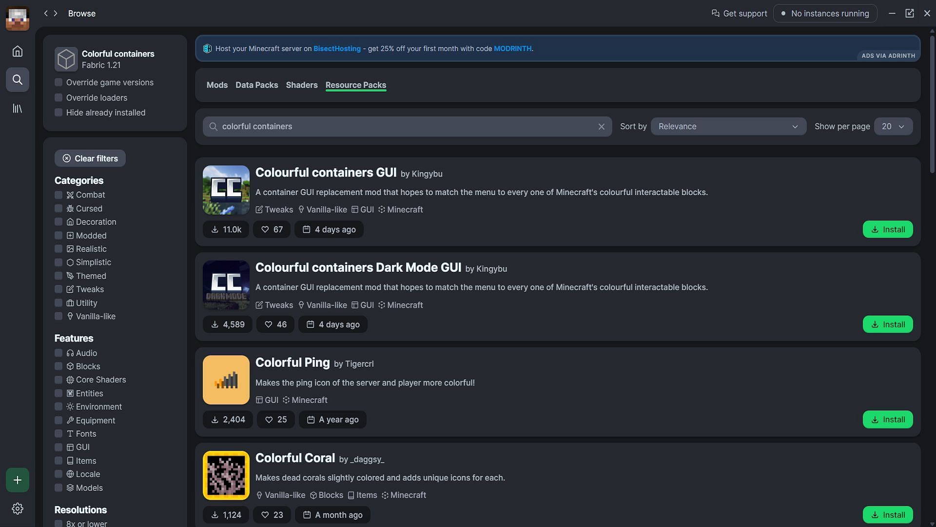 The search results for &quot;Colorful containers&quot; (Image via Modrinth)