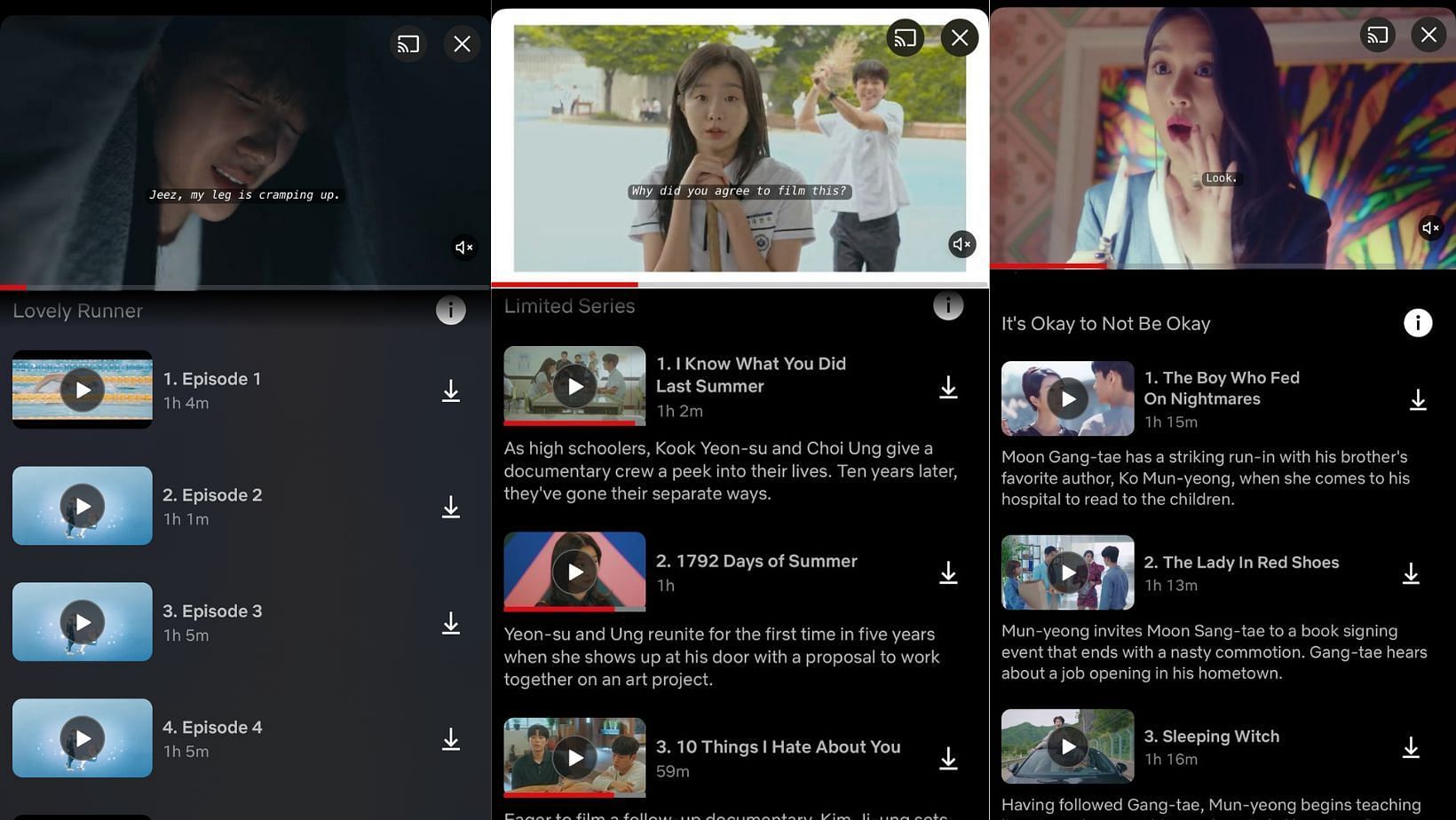Lovely Runner, Our Beloved Summer, It&#039;s Okay To Not Be Okay episode title comparison on Netflix. (Images via Netflix)