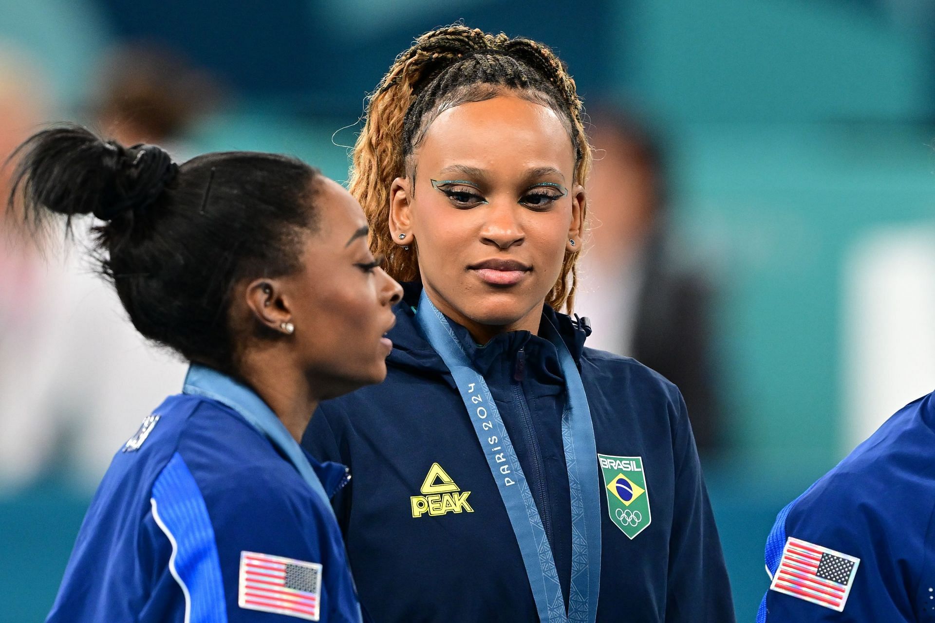 Simone Biles and Rebeca Andrade pictured at the 2024 Paris Olympics (Source: Getty)