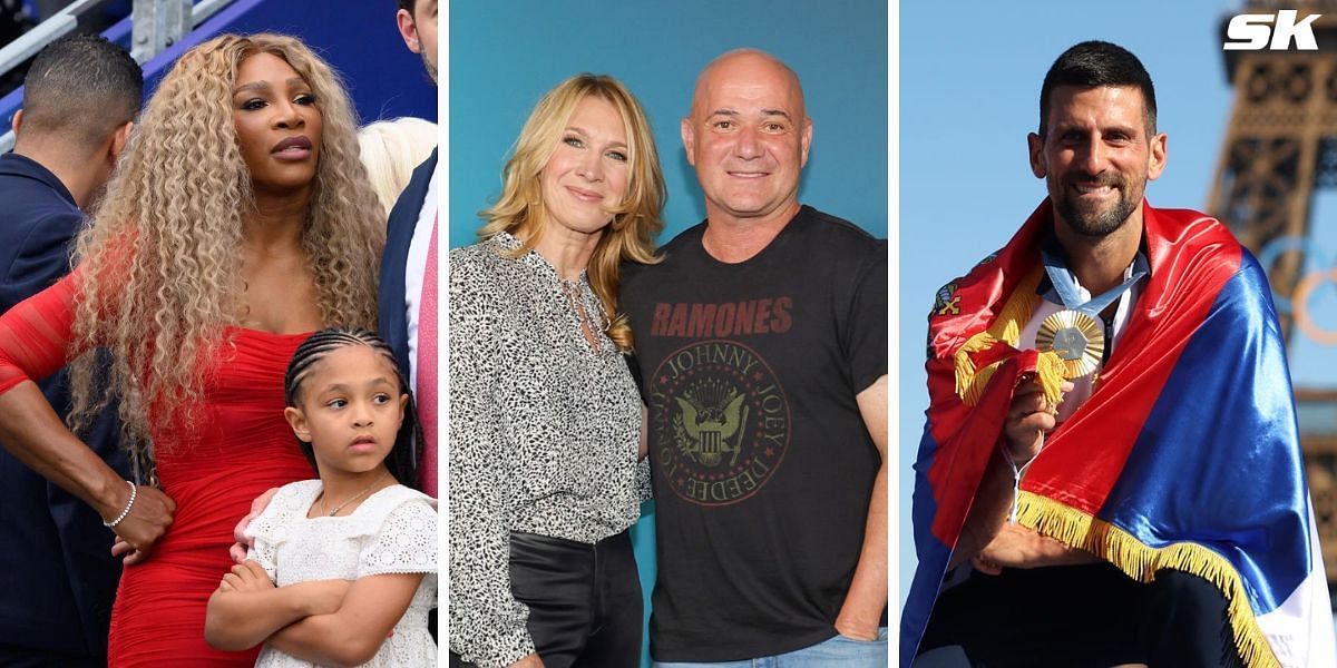 (Left to Right) Serena Williams and daughter Olympia, Steffi Graf and Andre Agassi, Novak Djokovic (Source: Getty Images)