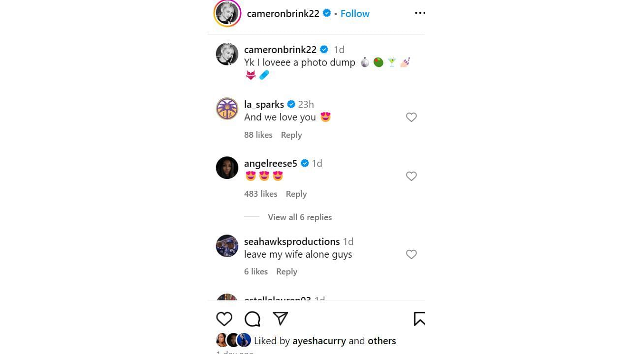 Comments on Cameron Brink&#039;s Instagram post.