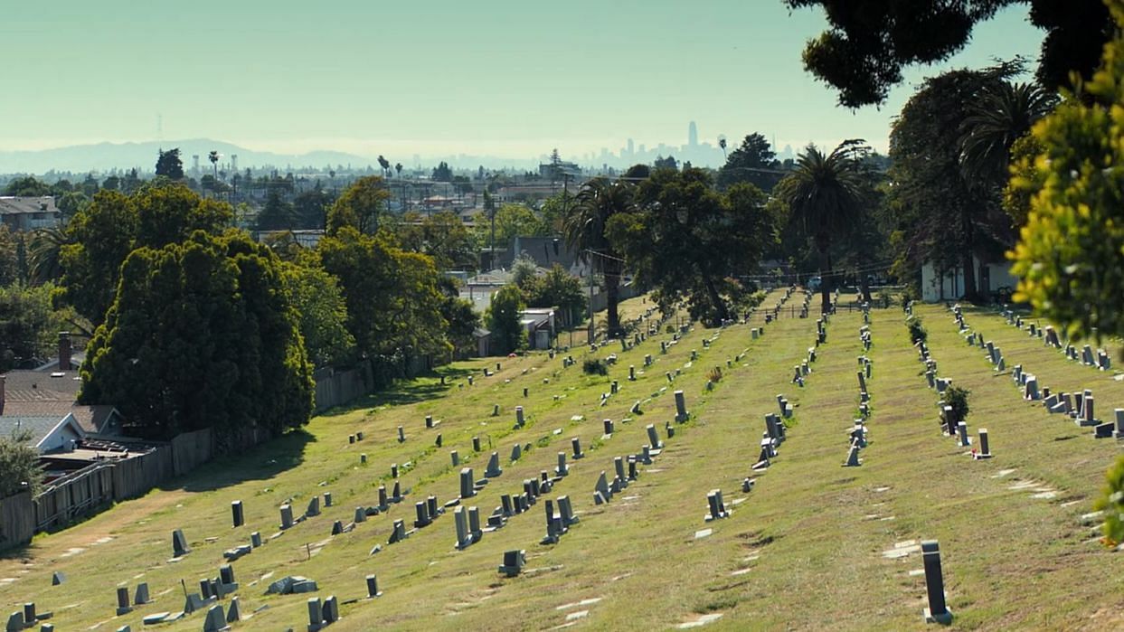 A still of the Jonestown victims&#039; mass graves in Oakland California from Cult Massacre: One Day in Jonestown (via Hulu)