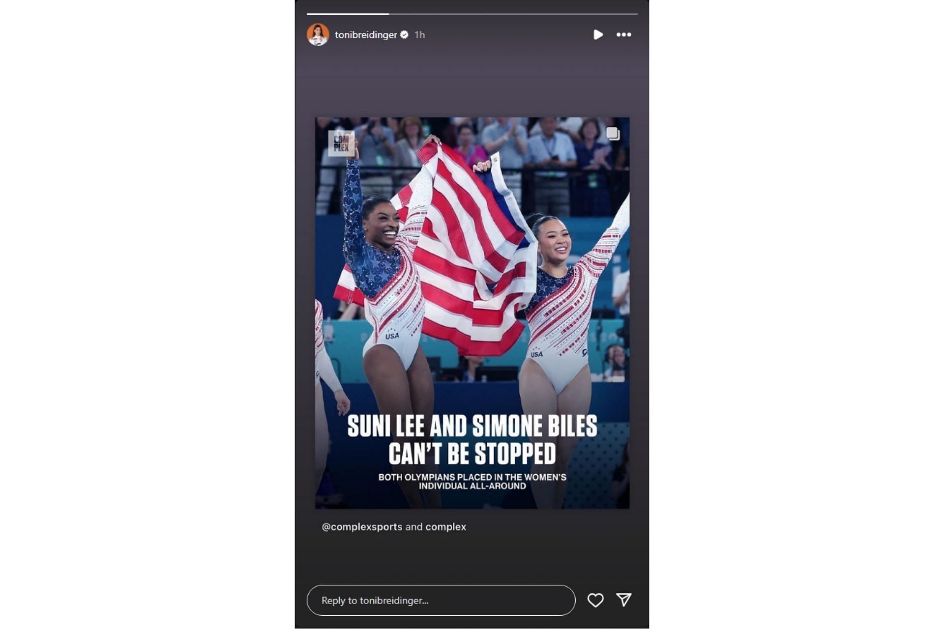 Breidinger;&#039;s (@tonibreidinger on Instagram) story after Simone Biles and Suni Lee&#039;s success in the 2024 Paris Olympics