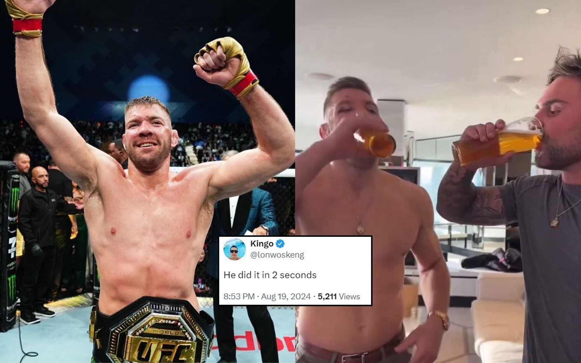 Fans react (insert) to Dircus du Plessis (left) downing a pint of beer in less than 5 seconds (right). [Image credit: @Bendaman2001 on X, @ufc on Instagram]