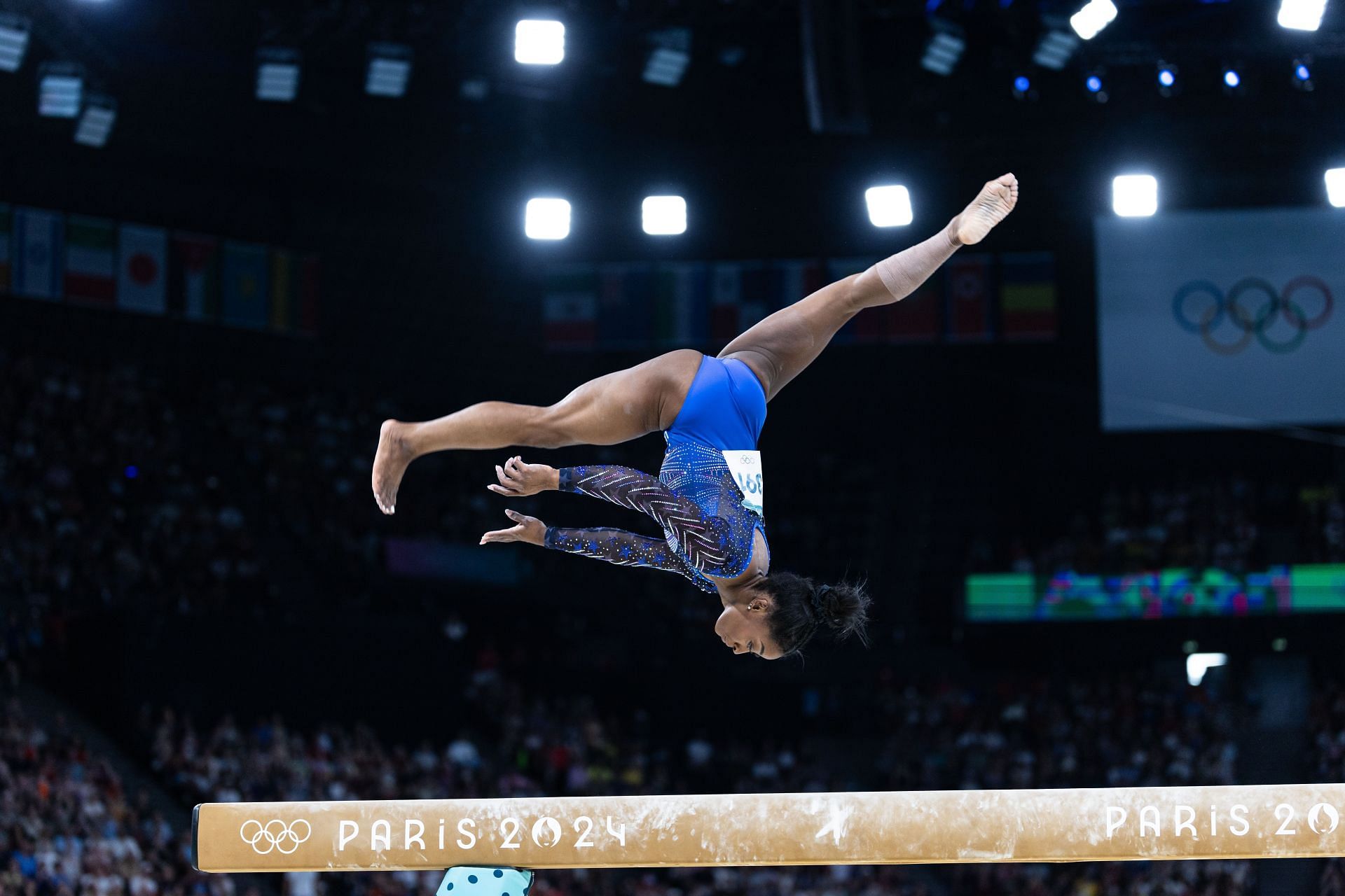 Simone Biles at the Paris 2024 Olympic Games. (Photo by Aytac Unal/Anadolu via Getty Images)