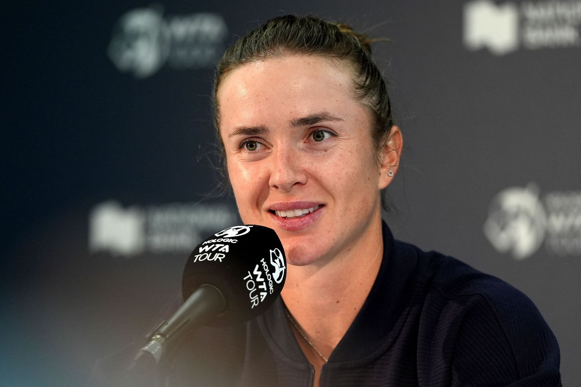 Elina Svitolina of Ukraine speaks at a press conference during National Bank Open